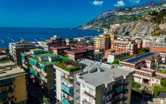 View of rooftops from the square near Santa Maria a Mare Church, Maiori, Amalfi Coast, Italy