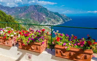 Panoramic view of the coast from Villa Rufolo, Ravello, Amalfi Coast, Italy