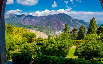 View of the mountains from Villa Rufolo, Ravello, Amalfi Coast, Italy